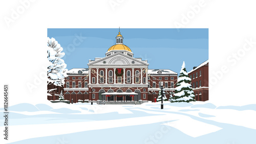 Charming Boston State House winter scene with holiday decorations and fresh snow, a nostalgic Christmas card illustration feeling cozy and festive