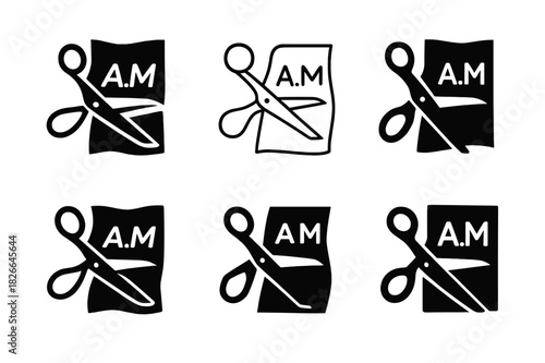 Custom Fashion Logos. Personalized fashion and custom clothing. Icon set. Set Logo of personalized fashion and custom clothing: scissors cutting through a