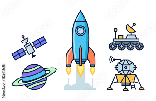 Space exploration mission rocket planet and satellite icons