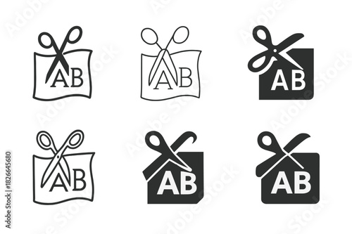 Custom Fashion Logos. Personalized fashion and custom clothing. Icon set. Set Logo of personalized fashion and custom clothing: scissors cutting through a