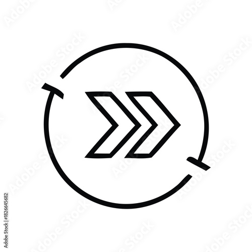 Circular arrow with double chevron pointing right, indicating forward or next action, a universal symbol for progress and movement