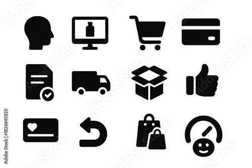 Customer Journey Icons. Customer journey. Solid icon set of Customer journey: awareness icon, product view, add to cart, checkout, order confirm, delivery