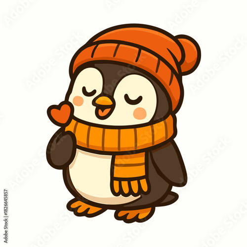 Cute penguin cartoon character wearing winter hat and scarf
