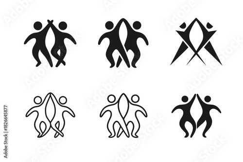 Dance Logo Variations. Dance group performances and ensembles. Icon set. Set Logo of dance group: mirrored duo dance. harmonious logo variations of the same