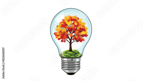 Eco-friendly autumn concept with vibrant tree growing inside light bulb promoting sustainability and renewable energy solutions