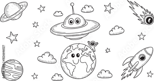 UFO earth alien icon set. Vector glyph pictograms of UFO, earth, alien, spaceship, and extraterrestrial silhouettes