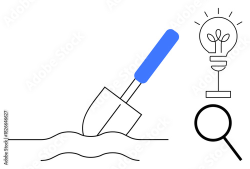 Shovel breaks ground, light bulb sprouts plant, magnifying glass emphasizes exploration. Ideal for growth, innovation, research, sustainability, ideas discovery conceptual creativity. Simple flat