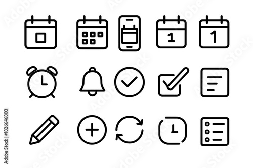 Digital Calendar Icons. Digital Calendar Set. Line icon set of Digital Calendar Set: event icon, calendar app, smartphone, date selection, alarm clock,