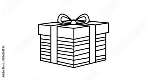 Simple line art gift box with striped lid and bow on white background