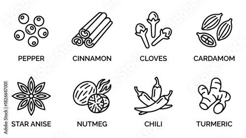 Set of black pepper, cinnamon, cloves, cardamom, star anise, nutmeg, chili, and turmeric line icons