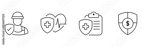 Worker safety, health shield, policy document, money protection icon vector illustration for insurance coverage use.