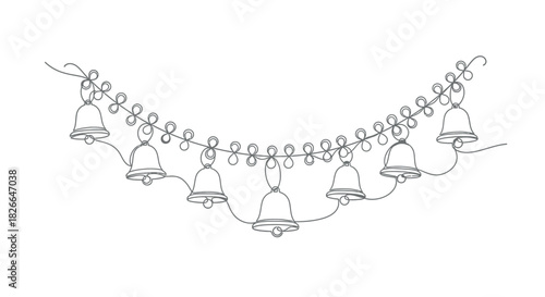 Festive garland with hanging bells line art illustration