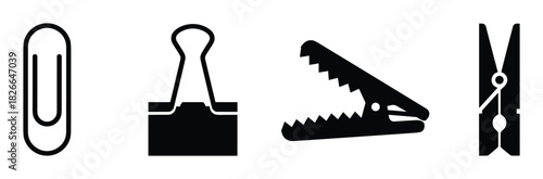 Set of black office clips including paper clip binder clip alligator clip and clothespeg isolated on white