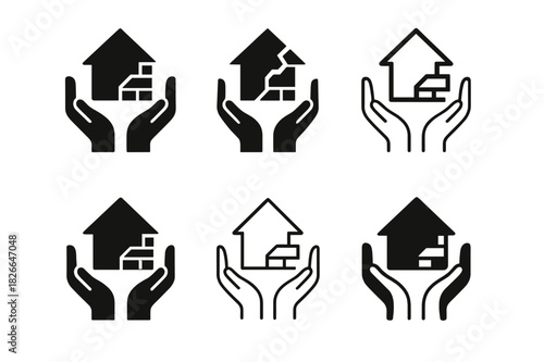 Disaster Recovery Icons. Assisting at disaster recovery sites and debris removal. Icon set. Set Logo of assisting at disaster recovery sites and debris
