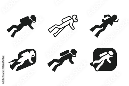Diver Logo Variations. Deep. Icon set. Set Logo of diver silhouette. harmonious logo variations of the same emblematic concept (Filled silhouette, Minimal