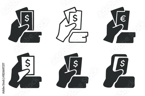 Diverse Money Icons. Counting foreign money. Icon set. Set Logo of cash register. harmonious logo variations of the same emblematic concept (Filled silhouette,