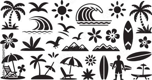 Beach and ocean holiday icon set. Vector glyph pictograms of beach, ocean, waves, summer, and vacation silhouettes