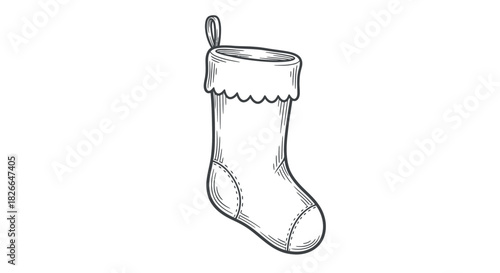 Christmas stocking with scalloped cuff line art illustration