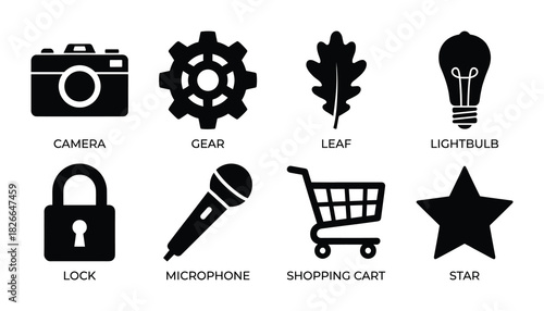Set of black silhouette icons representing common objects and symbols