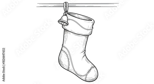 Simple line art christmas stocking with bell accent