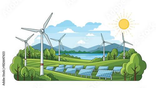 Sustainable energy landscape with wind turbines and solar panels generating clean power by a serene lake under a bright, sunny sky