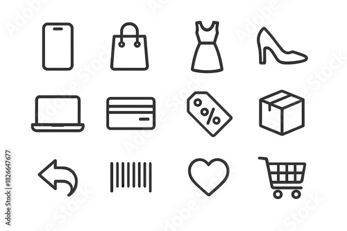 E-commerce Icon Set. E-commerce fashion. Line icon set of e-commerce fashion: smartphone, shopping bag, dress, shoe, laptop, card, discount tag, delivery box,