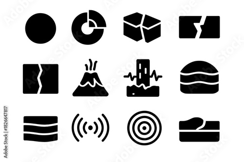 Earth Layers Icons. Earth layers. Solid icon set of Earth layers: crust, mantle, core, tectonic plate, fault line, magma, seismic activity, cross-section,