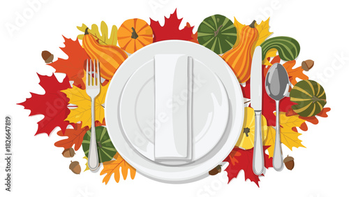 Festive Thanksgiving dinner table setting with colorful autumn leaves and pumpkins creating a warm inviting seasonal gathering illustration