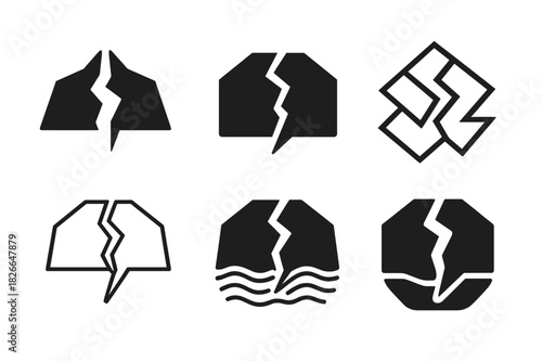 Earthquake Hazard Logos. Earthquake hazards. Icon set. Set Logo of earthquake hazards: Ground rupture line. harmonious logo variations of the same emblematic