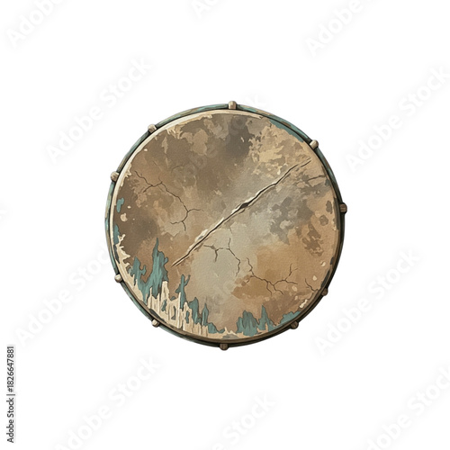 Antique Frame Drum with Cracked Parchment Head on Black Background.