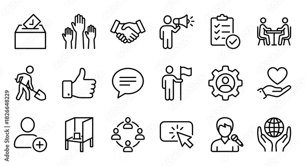 Fototapeta premium Set of social activity line icons representing voting, community, and collaboration