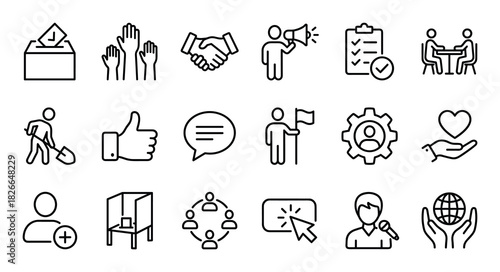 Set of democracy and social activity line icons representing voting, community, and collaboration