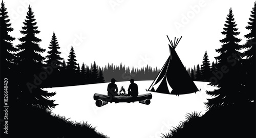 Camping silhouette illustration, outdoor adventure vector, campfire scene clipart, teepee tent graphic, forest background, black and white design