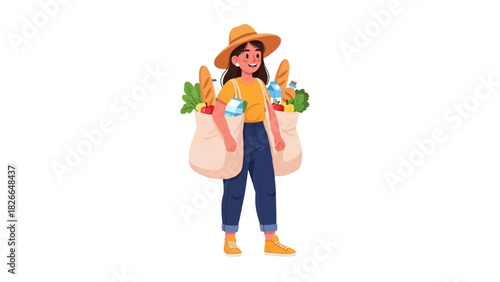 Woman Carrying Groceries Eco-Friendly Shopping with Baguettes, Bag, and Fresh Produce from the Market