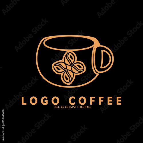 Coffee shop logo. Retro badge coffee beans and leaf branch with natural natural icon line stamp logo vector design modern hipster vintage style. Premium coffee shop bar brand symbol icon.	