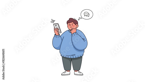 Man Using Smartphone, Thinking About Car, Illustration of a Person with Mobile Phone and Car Icon