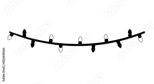 Bold black silhouette of a long slim christmas light string on a white background