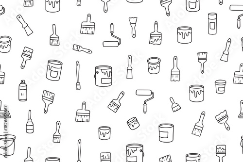 Seamless vector pattern with painting tools, including brushes, rollers, and jars. Perfect for design projects related to painting, home improvement, and home improvement.