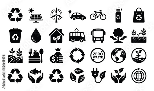 Set of ecology black vector icons isolated on white background recycling solar panel wind turbine electric car bicycle water bottle shopping bag trash bin drop house plant bus tree garden food