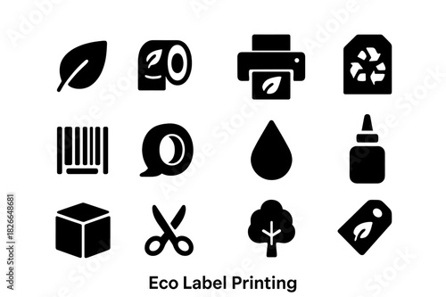 Eco Label Icons. Eco Label Printing. Solid icon set of Eco Label Printing: leaf, label roll, printer, recycled paper, barcode, tape, droplet, glue, box,