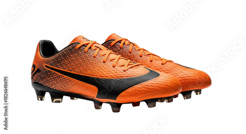 Dynamic orange and black soccer cleats for athletic performance professional sports training isolated on transparent background