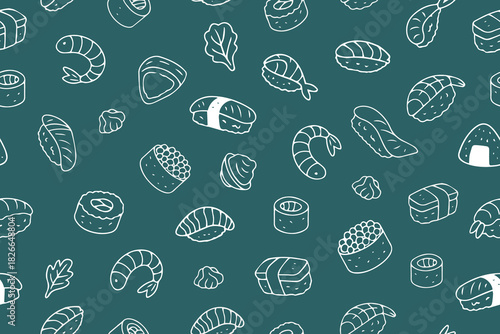 Seamless vector sushi pattern with various seafood elements, such as nigiri, sashimi, and more. Perfect for textile designs, wallpapers, or culinary-themed backgrounds.