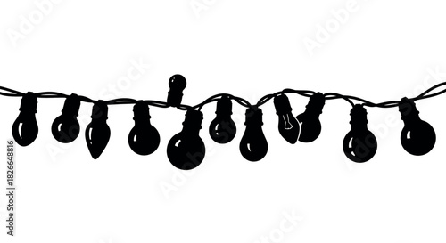 Bold black silhouette of a long slim christmas light string on a white background