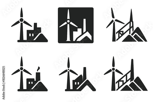 Eco-Friendly Mining Logos. Efficient energy use in mining industries. Icon set. Set Logo of efficient energy use in mining industries: wind turbine beside