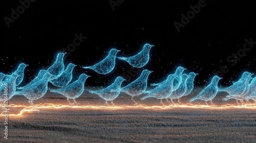 Neon bird tracks in sand glowing with bright electric lines, stylized digital wildlife footprint design, glowing bird trail illustration on dark backgrounds