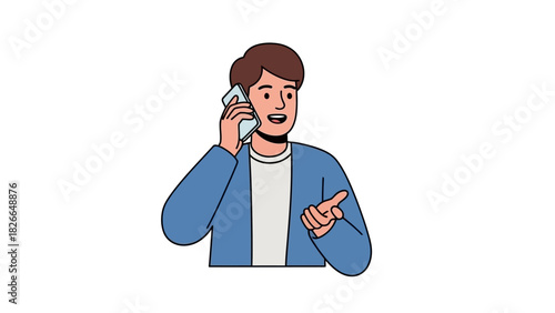 Smiling Young Man Engaged in a Lively Phone Conversation, Communicating and Gesturing Expressively with His Hand