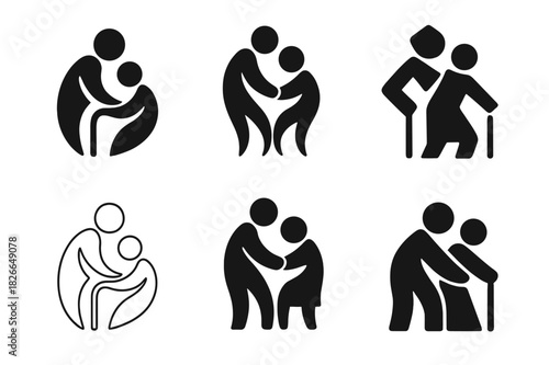 Elderly Care Logos. Elderly care and senior wellness. Icon set. Set Logo of elderly care: well-being and dignity symbol. harmonious logo variations of the same