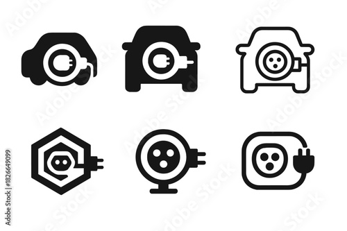 Electric Car Icon Set. DIY electric car conversion kits. Icon set. Set Logo of DIY electric car conversion kits: charging port. harmonious logo variations of