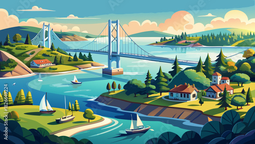 Very beautiful aerial summer panorama showcasing a graceful suspension bridge spanning calm coastal waters, connecting two scenic shores with lush greenery, gentle waves, and a peaceful New England is