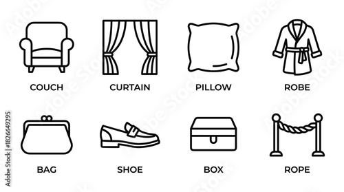 Set of eight line vector icons including couch curtain pillow robe bag shoe box and rope
